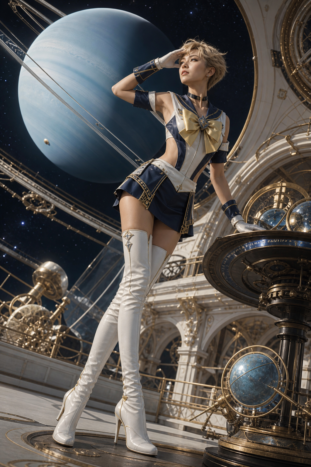 Sailor Uranus cosplayer in a magical girl outfit poses in a steampunk observatory, with a large blue gas giant in starry s...