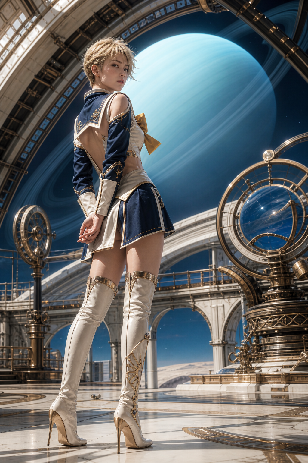 Blonde sailor-style fantasy cosplayer in an ornate space observatory, looking over her shoulder with a ringed blue alien p...