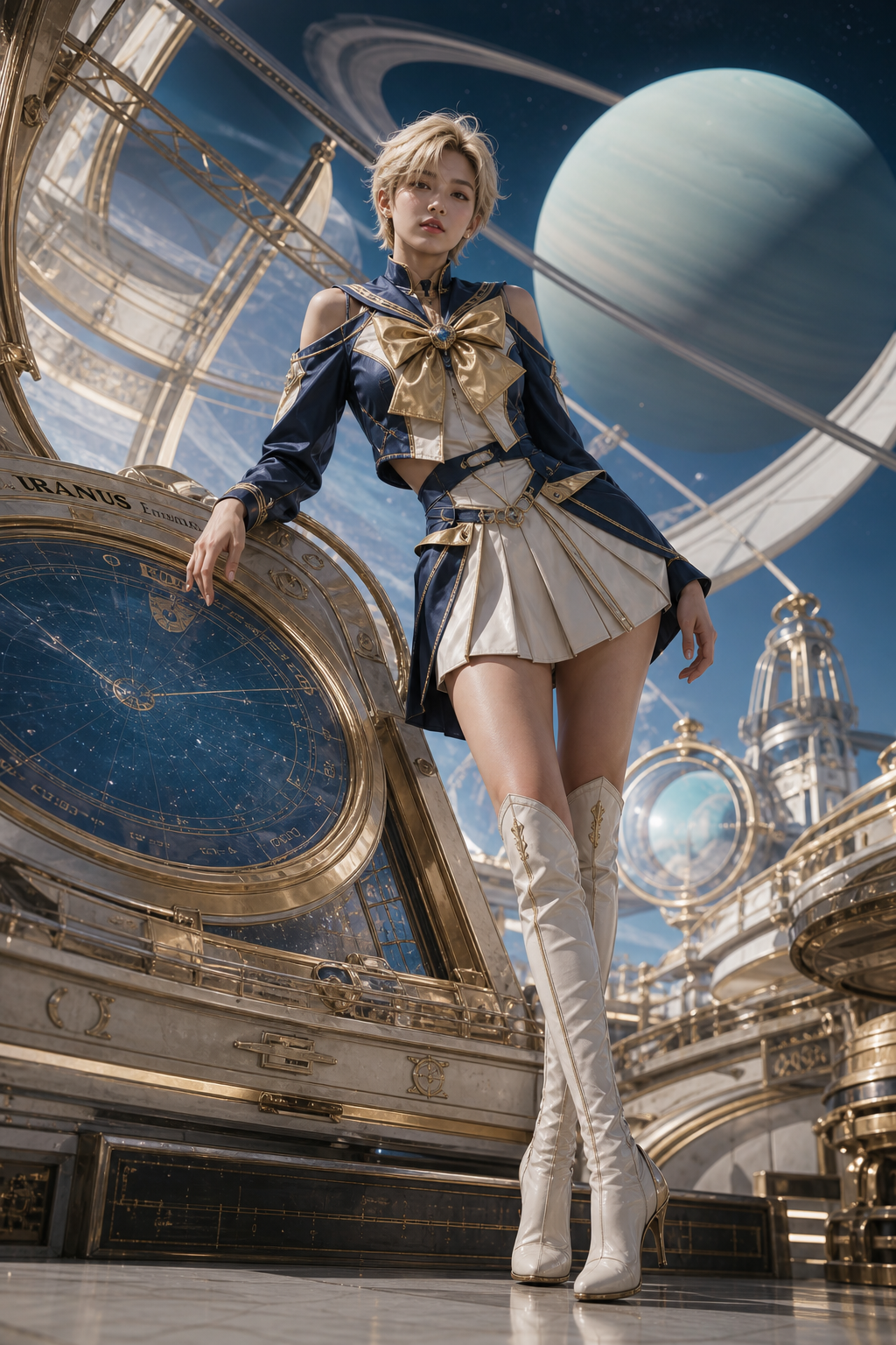 Blonde woman in navy-gold sci-fi sailor outfit leans on a Uranus astrolabe in an orbital observatory, with a ringed gas gi...