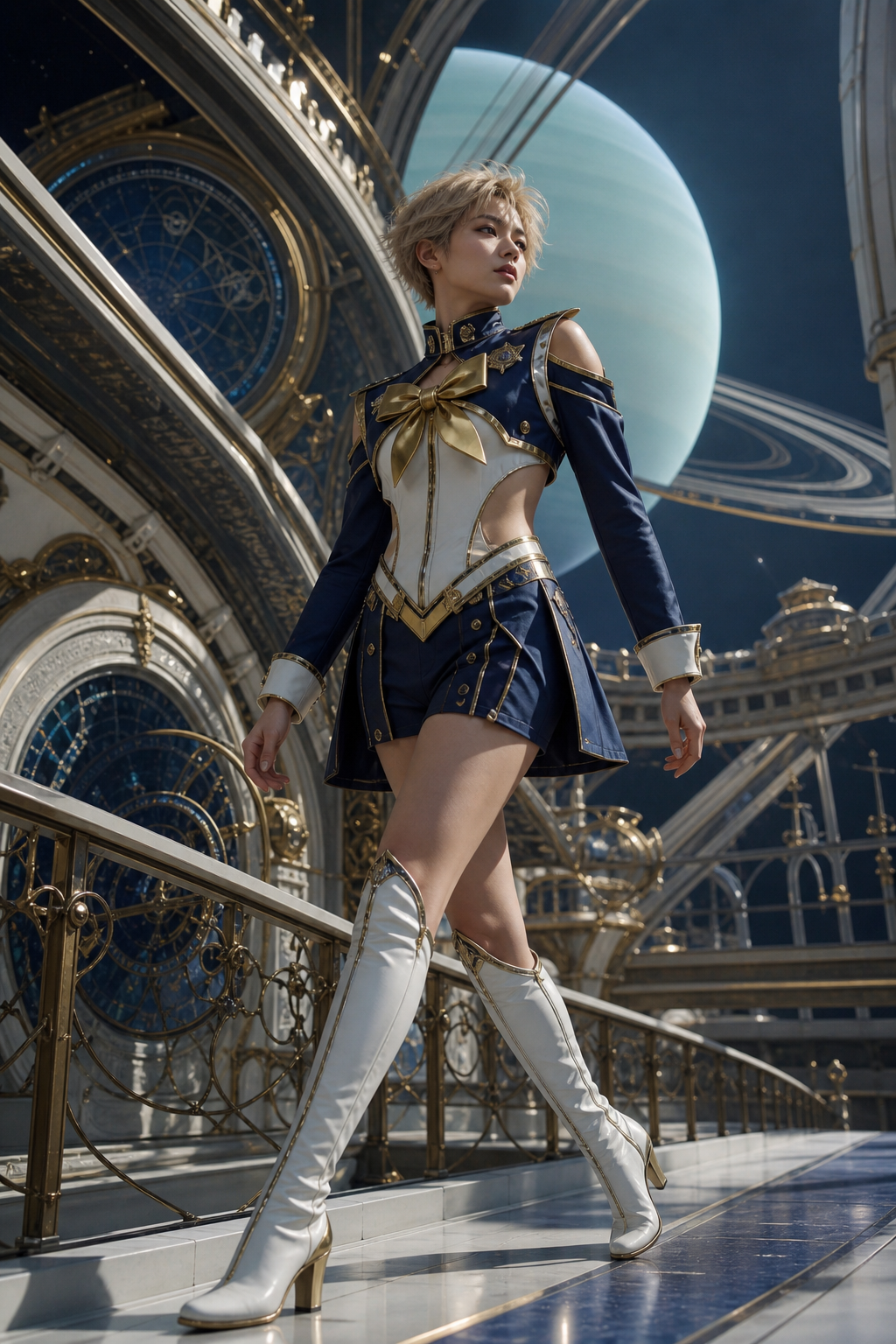 A woman in a navy and gold magical girl sci-fi uniform walks an ornate celestial space station balcony, with a large ringe...