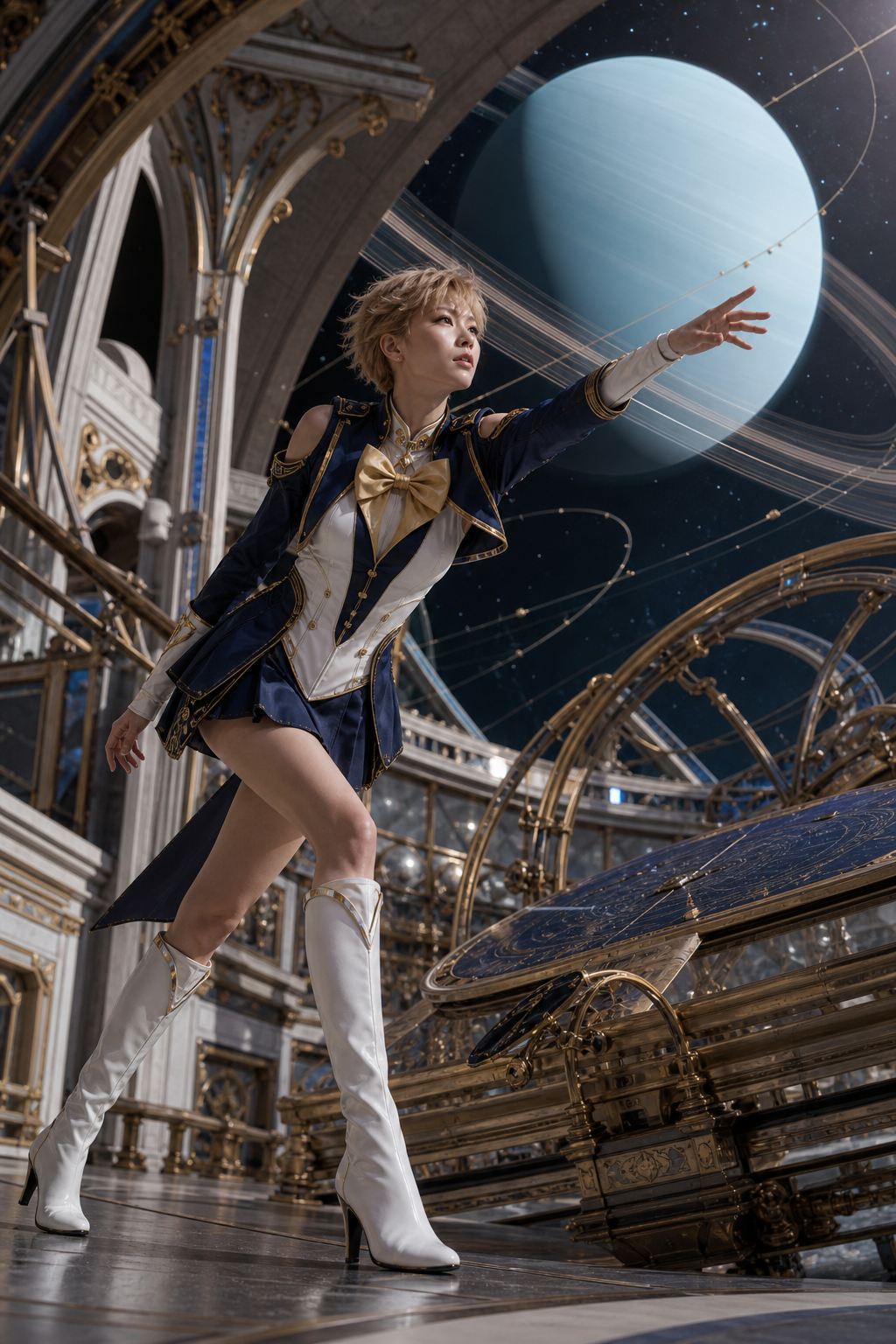 Cosplayer in a navy-gold celestial uniform reaches for a ringed blue gas giant in an ornate gothic space observatory with ...