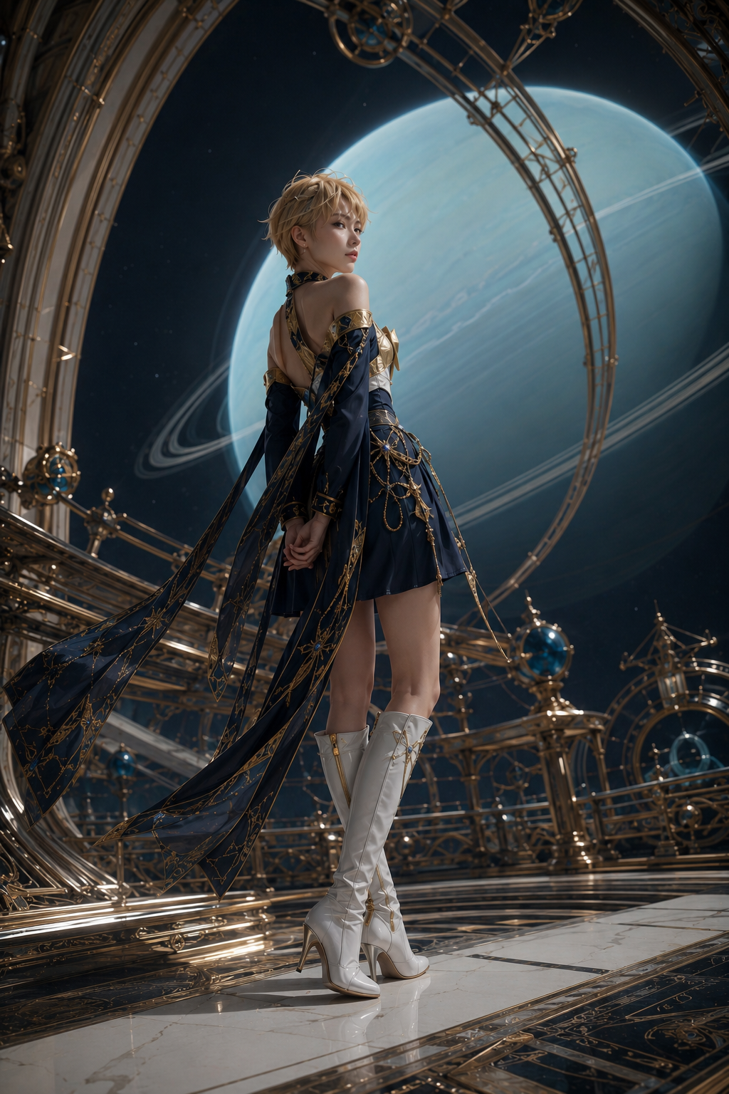 Blonde woman in an ornate navy gold celestial gown looks back on a gilded space observatory, with a large ringed planet in...