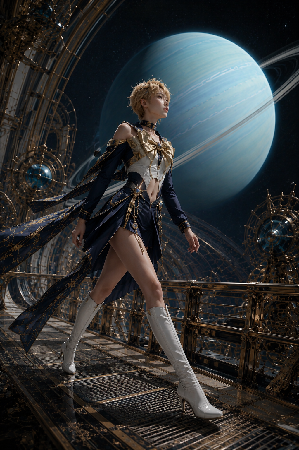 Sailor Uranus cosplayer walks on an ornate space station walkway, with a large ringed blue gas giant in the starry deep sp...