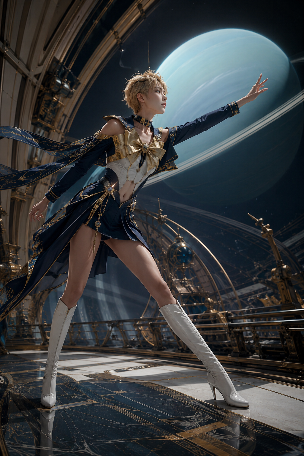 Blonde cosplayer in a celestial navy and gold fantasy outfit reaches toward a ringed gas giant from an ornate spaceship ob...