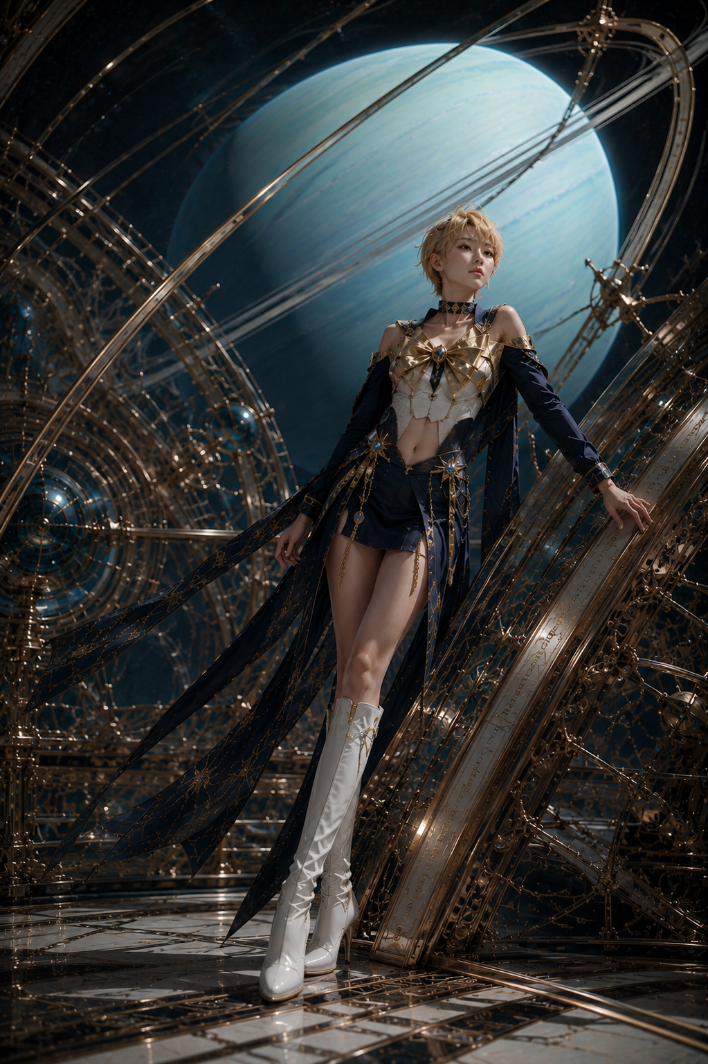 Fantasy cosplayer in a celestial navy-and-gold outfit poses on an ornate gold armillary sphere, with a large blue gas gian...