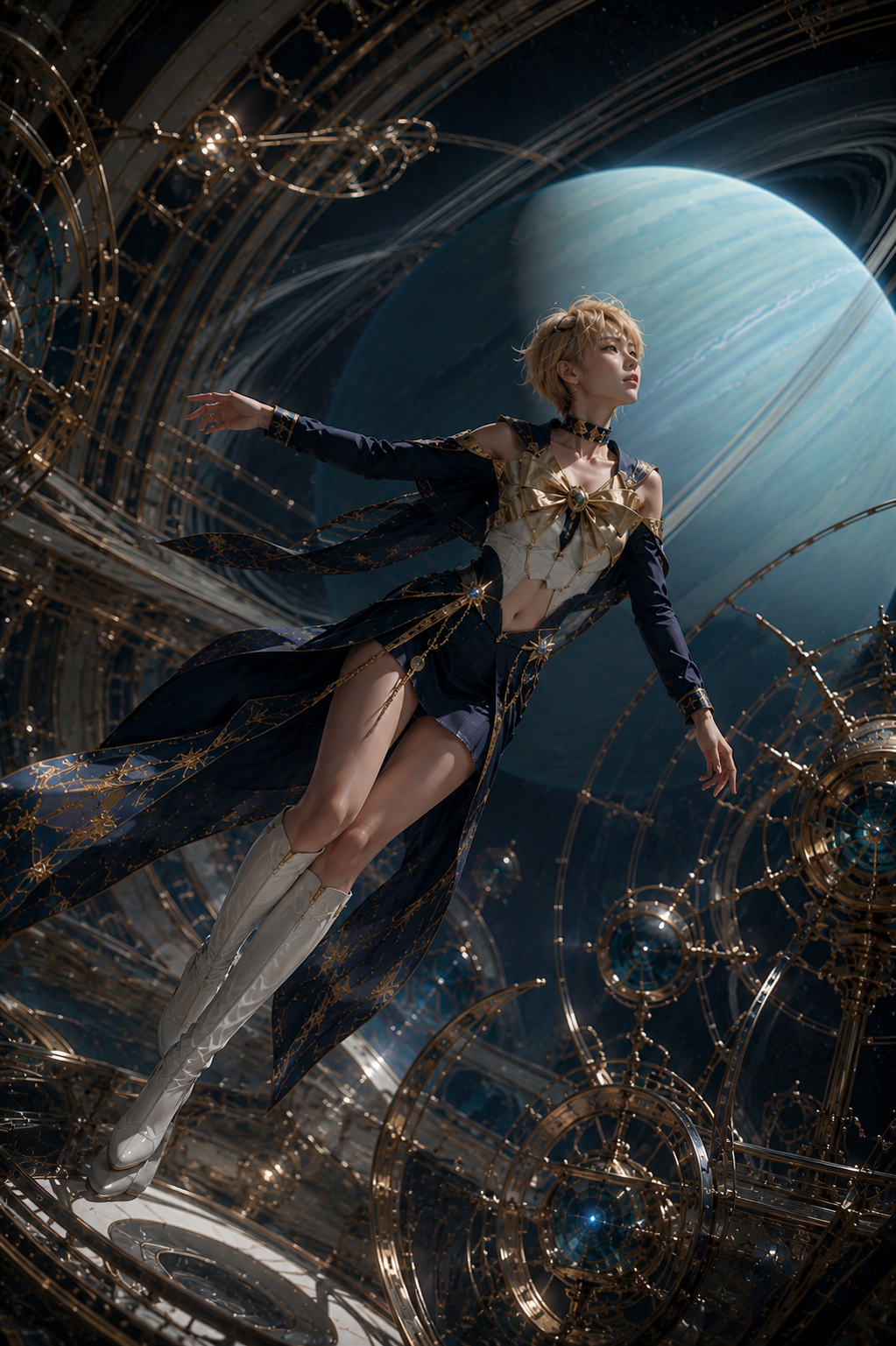 Celestial fantasy cosplayer in navy-gold star-patterned outfit floating among steampunk orreries, with a ringed gas giant ...