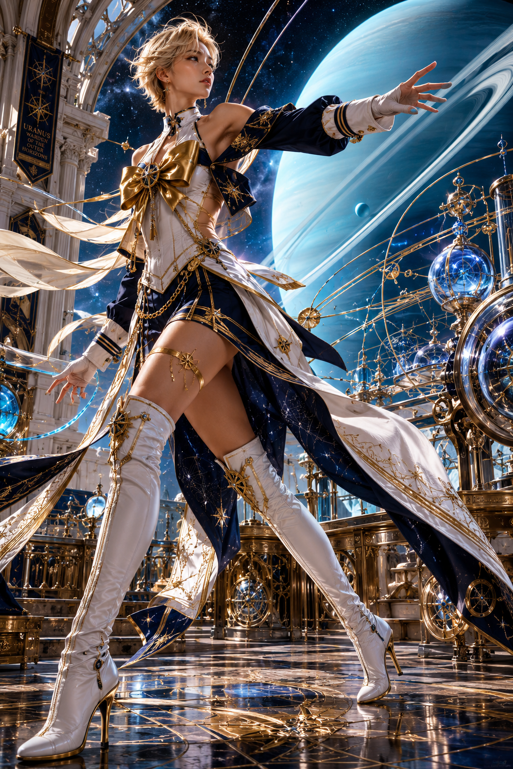 Celestial fantasy guardian in an ornate navy-gold star outfit poses in a space observatory, with a large ringed gas giant ...