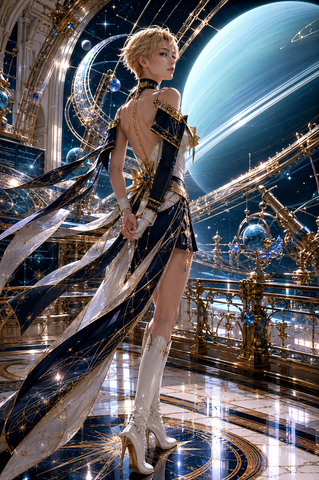 Blonde figure in a celestial fantasy gown, posing in an ornate space observatory with a large ringed gas planet in the sta...