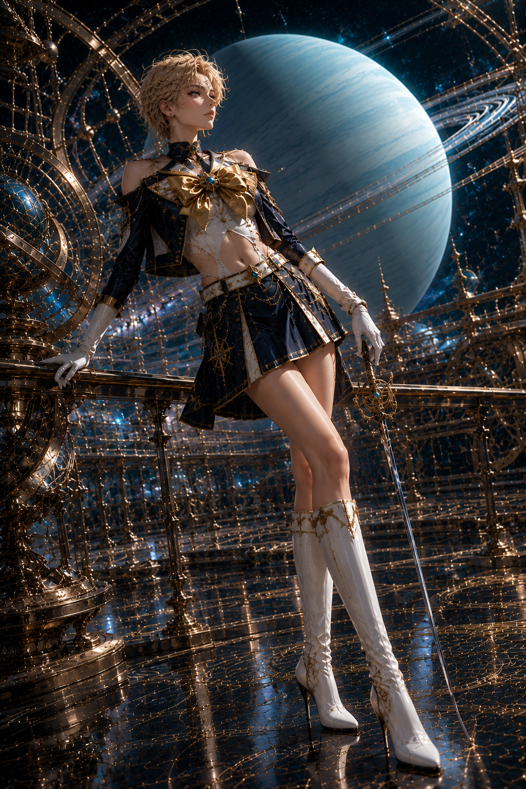 Celestial fantasy warrior in navy and gold uniform holding a sword, standing in an ornate space observatory with a large r...