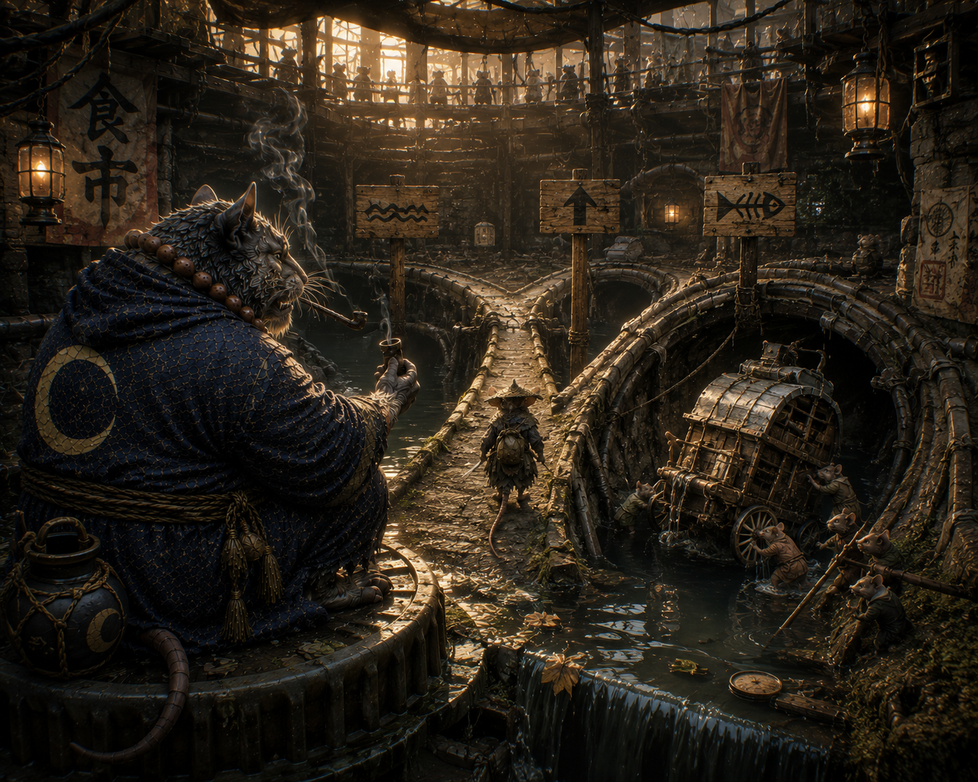 Anthropomorphic feline monk smoking a pipe overlooks a bustling subterranean sewer market populated by anthropomorphic rod...