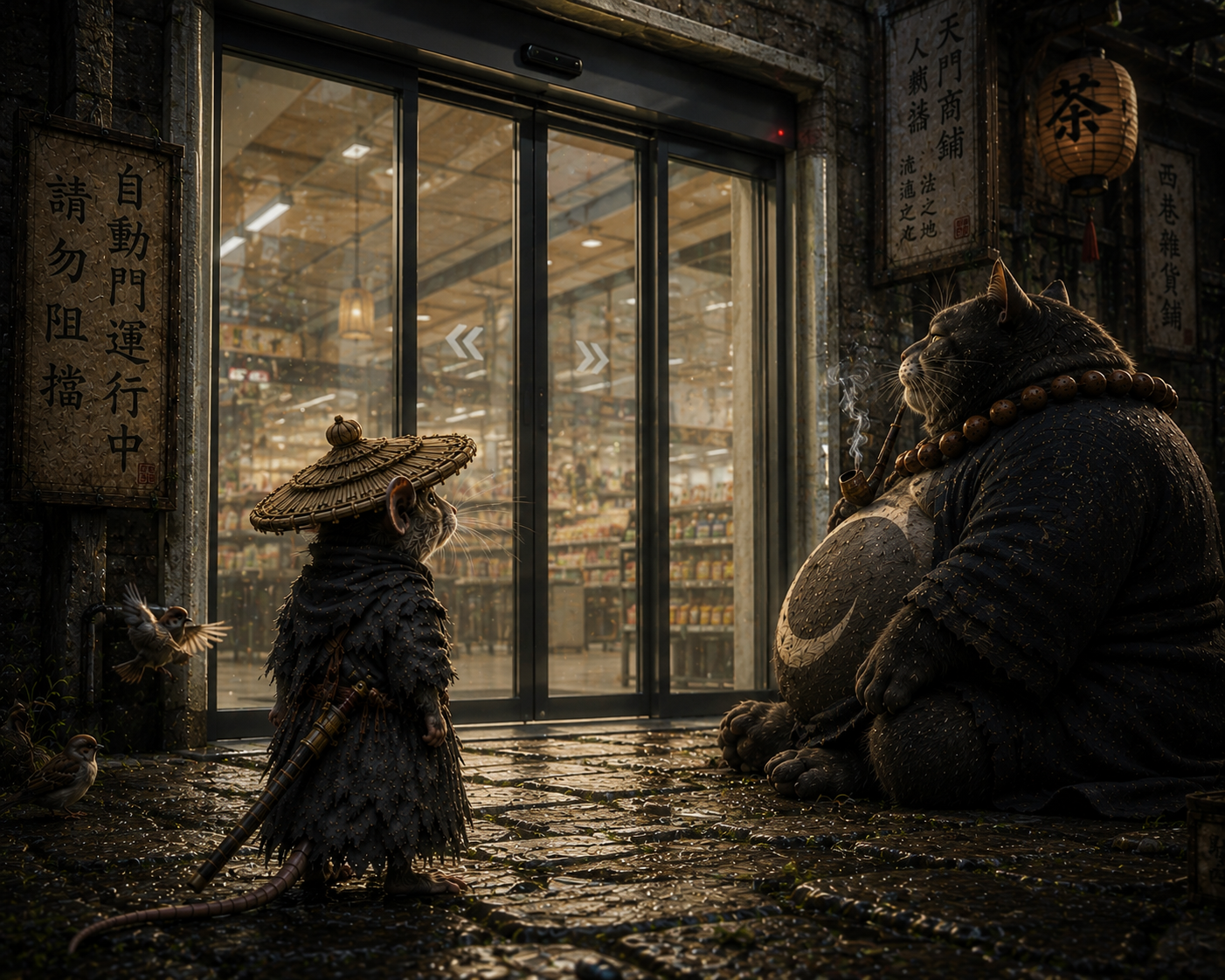 Anthropomorphic samurai mouse faces a robed pipe-smoking cat monk outside an East Asian grocery store entrance.