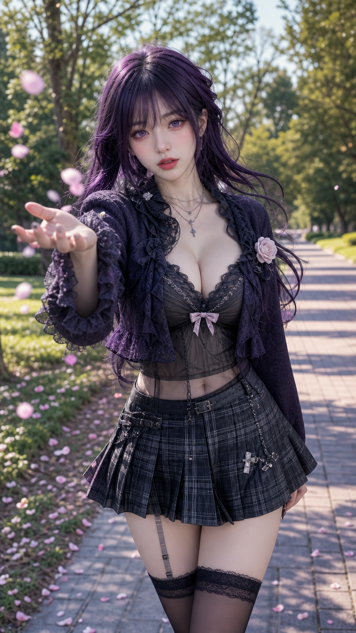 [Young woman with long purple hair extends a welcoming hand to the viewer, standing on a sunlit park path with falling pin...