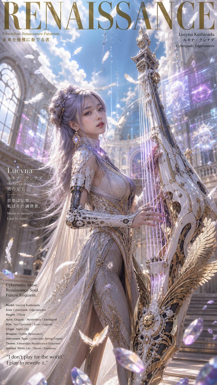 Futuristic renaissance magazine cover featuring cybernetic lavender-haired Lucyna playing an ornate glowing sci-fi harp in...