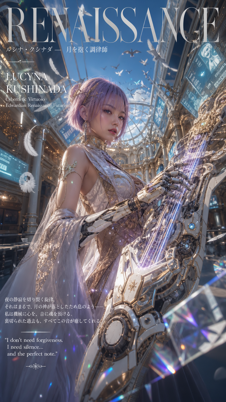 Magazine cover art of purple-haired cybernetic woman holding an ornate glowing futuristic harp in a grand domed baroque at...