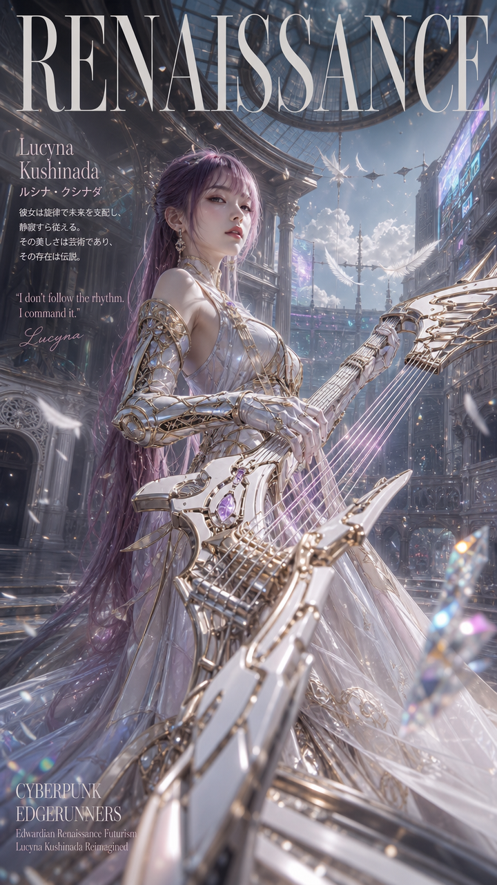 [Renaissance futurism magazine cover art of Lucyna Kushinada holding an ornate cyber guitar, lavender hair, cyberpunk fant...