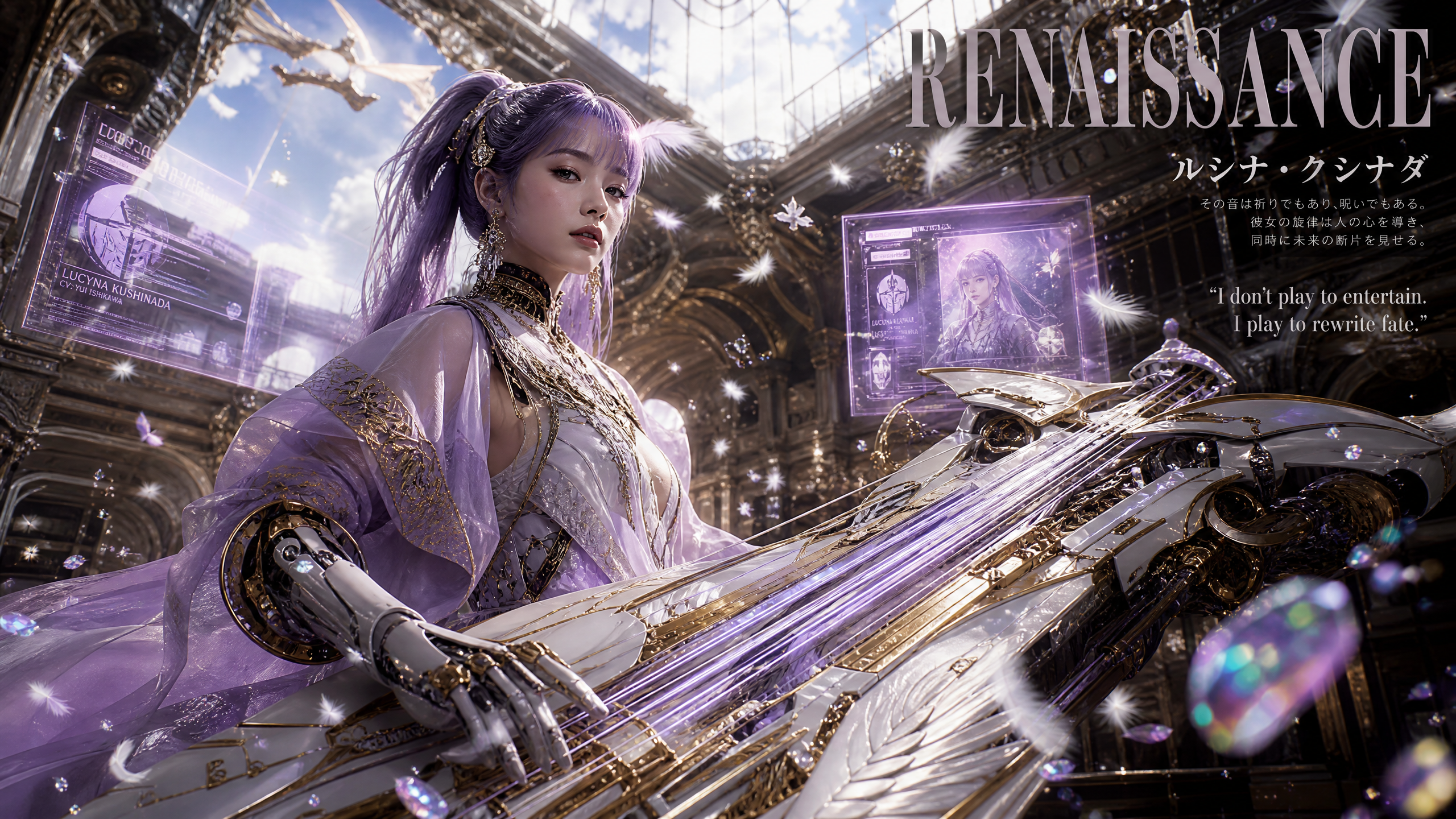 Purple-haired cyborg fantasy woman plays an ornate sci-fi harp in an opulent sunlit renaissance palace hall
