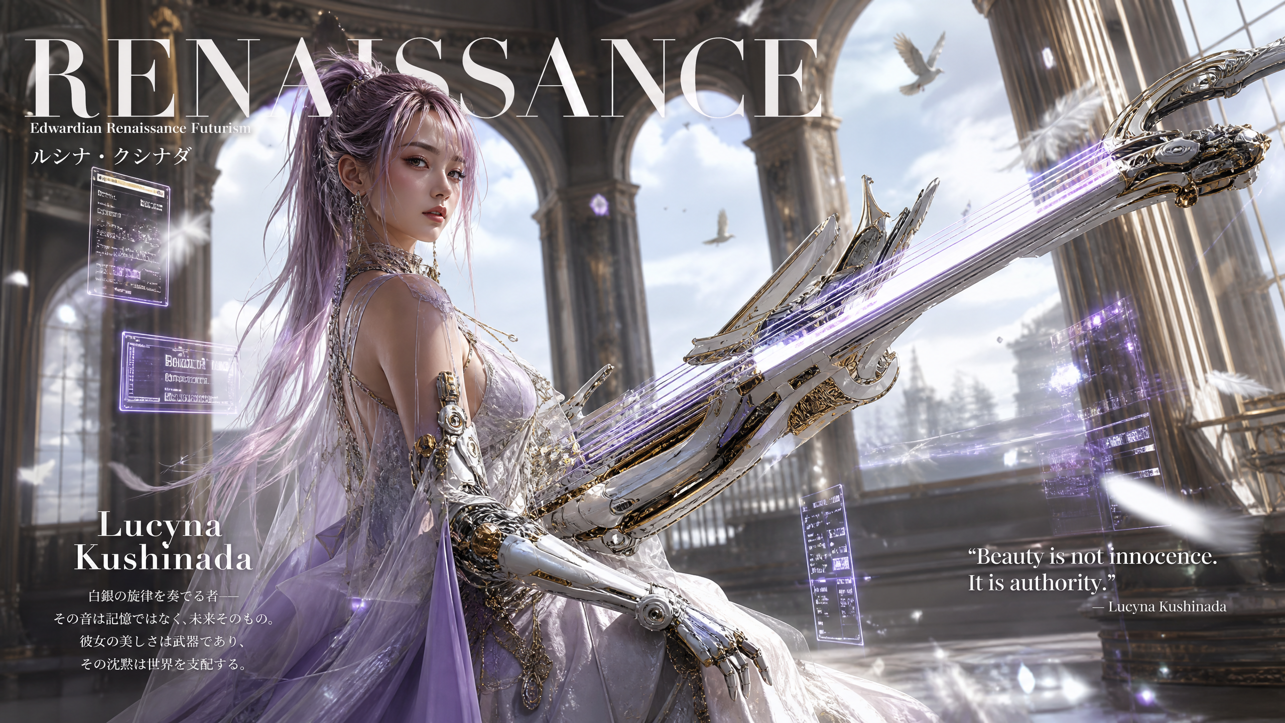 Futuristic renaissance magazine cover of purple-haired fantasy heroine with cybernetic arms holding a glowing sci-fi harp ...