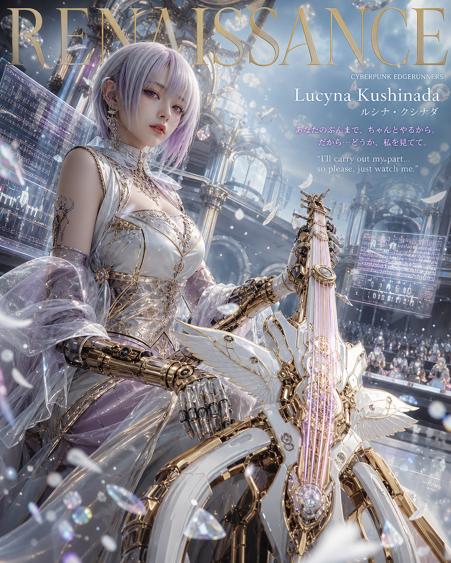 [Magazine cover art of Cyberpunk Edgerunners Lucyna Kushinada holding an ornate cybernetic string instrument in a grand co...