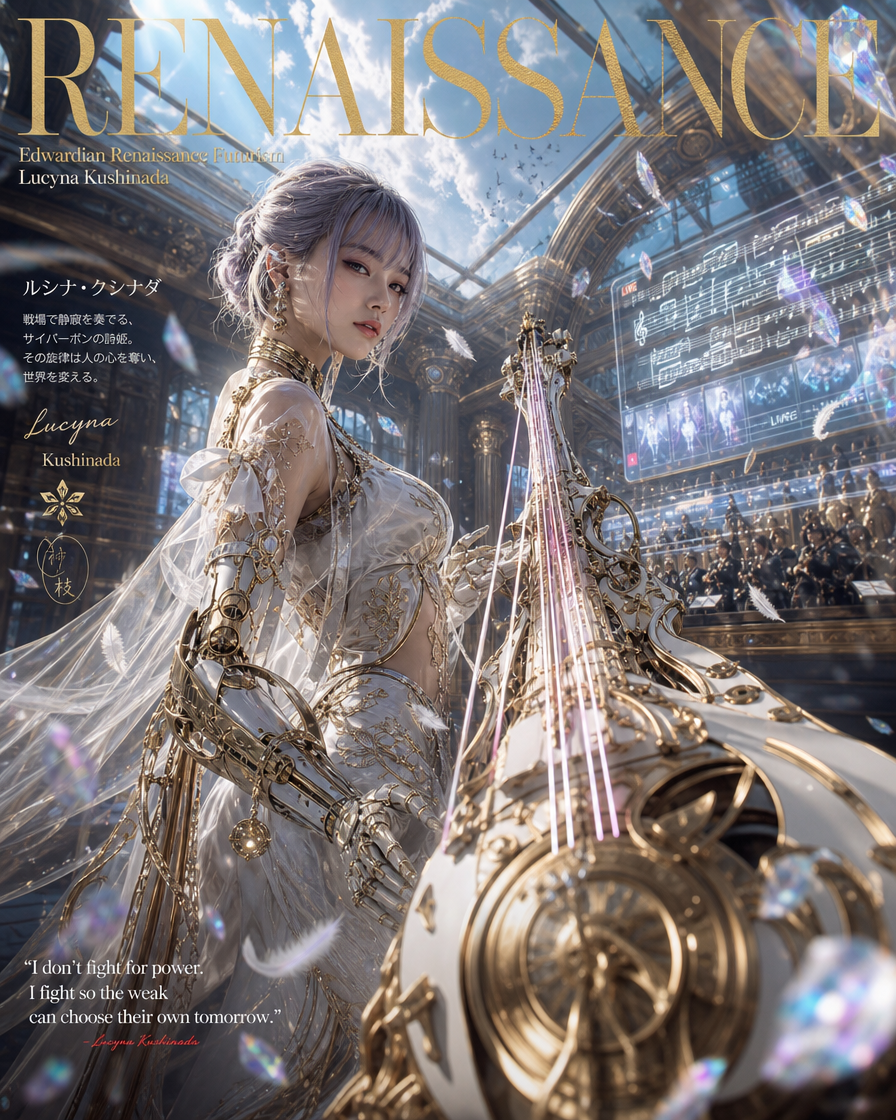 [Futuristic Renaissance magazine cover featuring silver-haired cyborg Lucyna Kushinada holding an ornate gilded fantasy st...