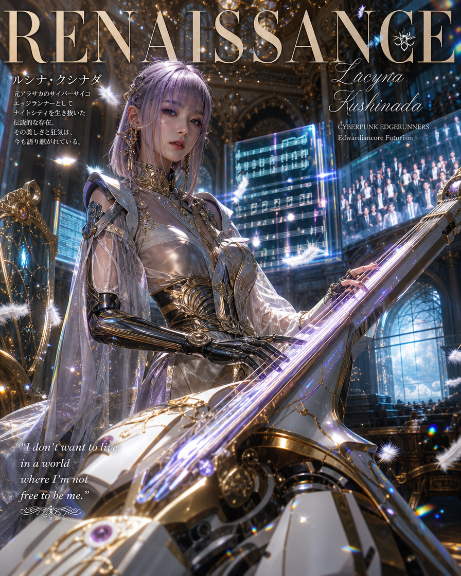 [Renaissance themed magazine cover of Lucyna Kushinada playing a glowing futuristic string instrument in an ornate gilded ...