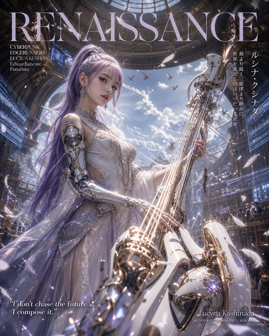 [Renaissance magazine cover showing lavender-haired cybernetic musician playing ornate futuristic string instrument in gra...