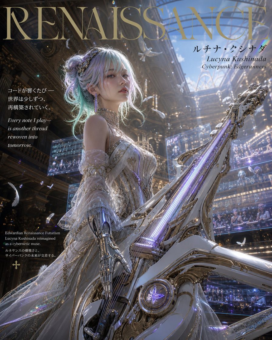 Cover art of Lucyna Kushinada from Cyberpunk: Edgerunners holding a futuristic cybernetic guitar in an ornate gilded opera...