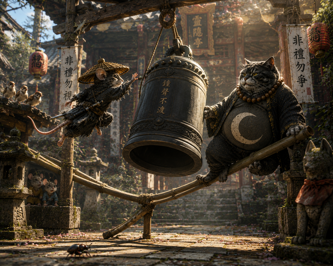 Anthropomorphic samurai mouse leaps toward a bronze temple bell held by a robed cat monk in an ancient East Asian temple.