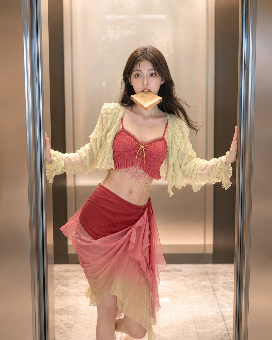 Young woman holds elevator doors open with a slice of toast in her mouth, wearing a whimsical sheer pastel outfit.