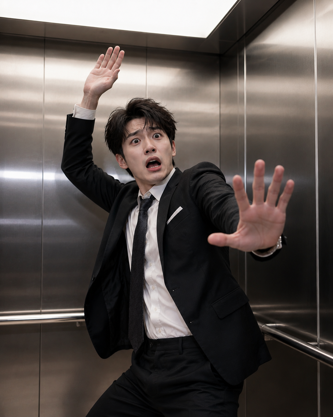 Startled young businessman panics with raised outstretched hands inside a modern stainless steel elevator
