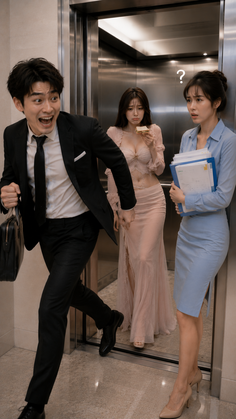 [Comedic awkward elevator scene: panicked businessman rushes out holding the wrong woman's hand, as two confused women loo...
