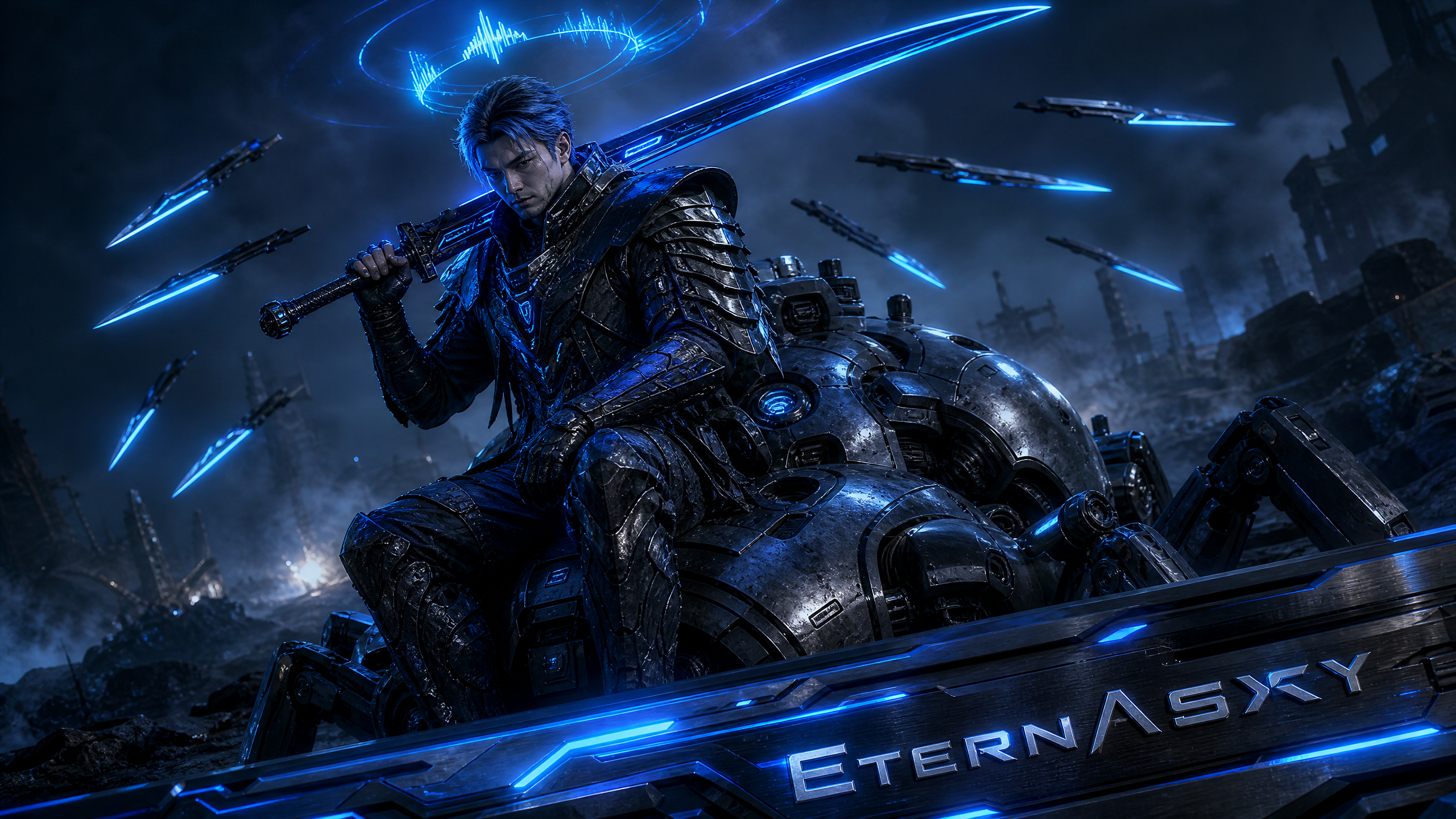 Armored sci-fi warrior holds a glowing blue energy sword while seated on a combat mech in a dark ruined battlefield