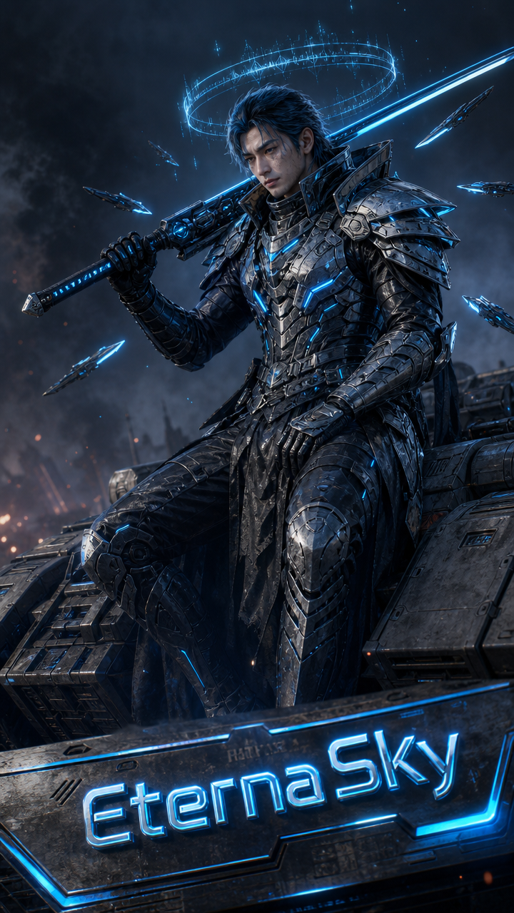 [Eterna Sky promotional art of a stoic futuristic warrior in glowing blue cyber armor holding an energy sword with a digit...
