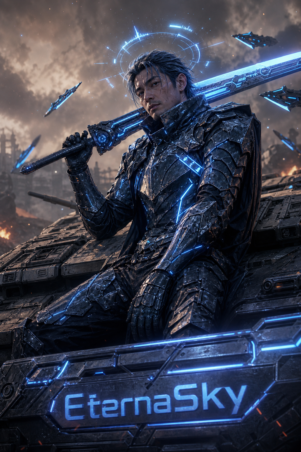 [Stoic futuristic sci-fi knight in glowing blue cyber armor holds an energy greatsword, seated on a battle vehicle marked ...