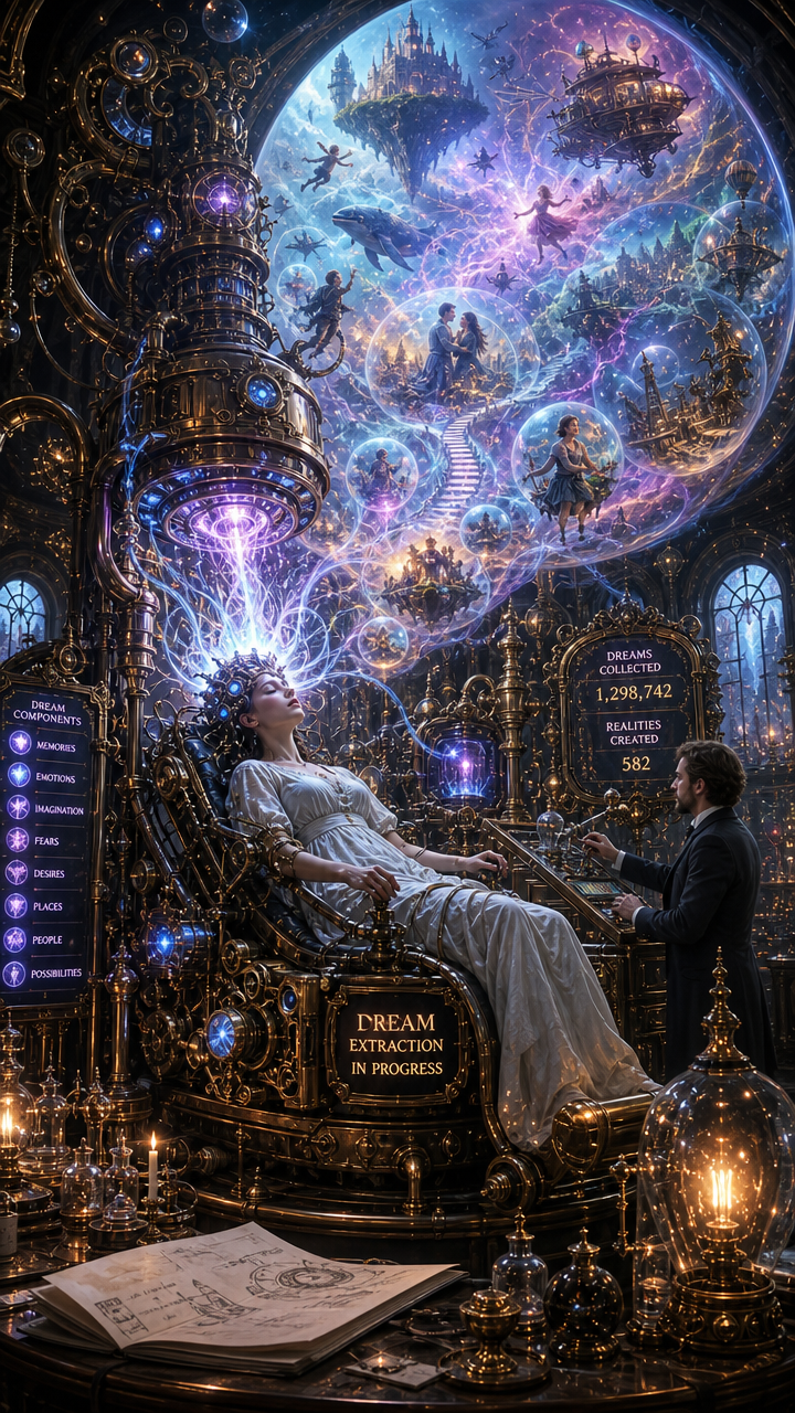 [Ornate steampunk dream extraction machine pulls glowing magical dream bubbles from a reclining woman while a lab technici...