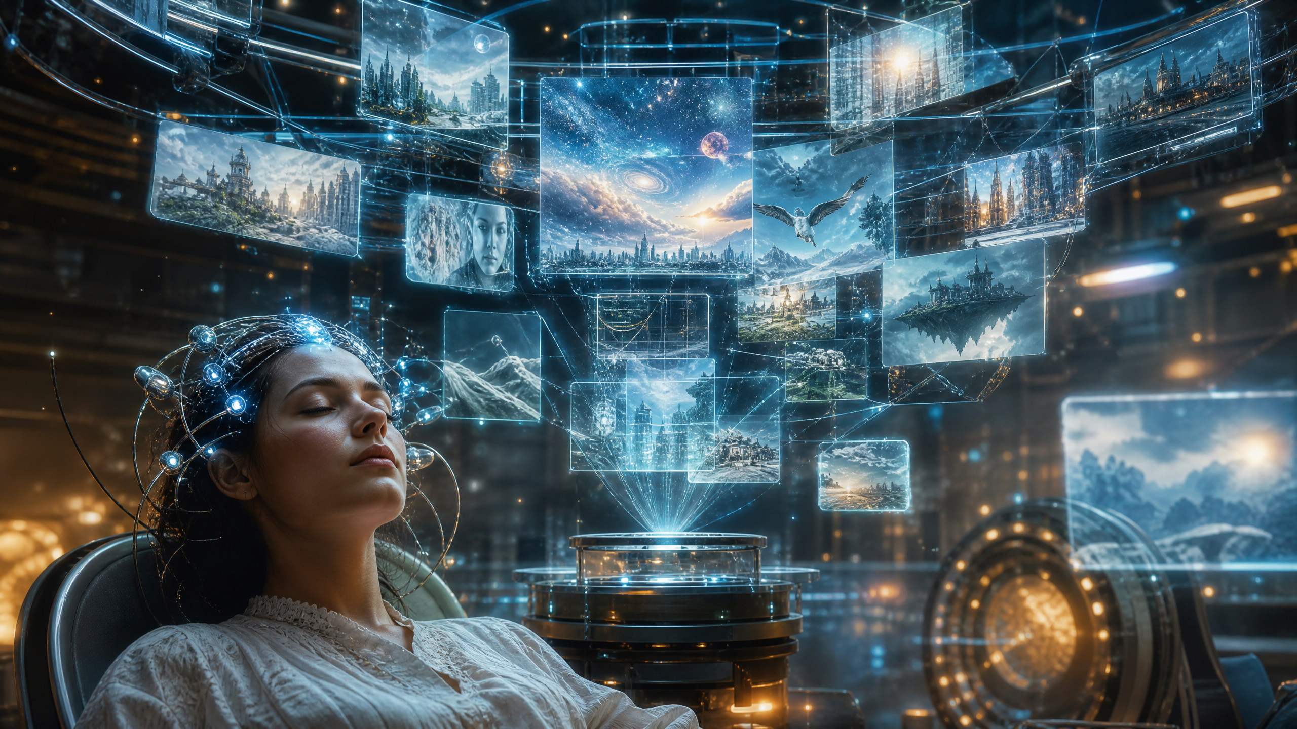 [Woman with closed eyes wears a glowing neural headset while viewing floating holographic landscape panels in a futuristic...
