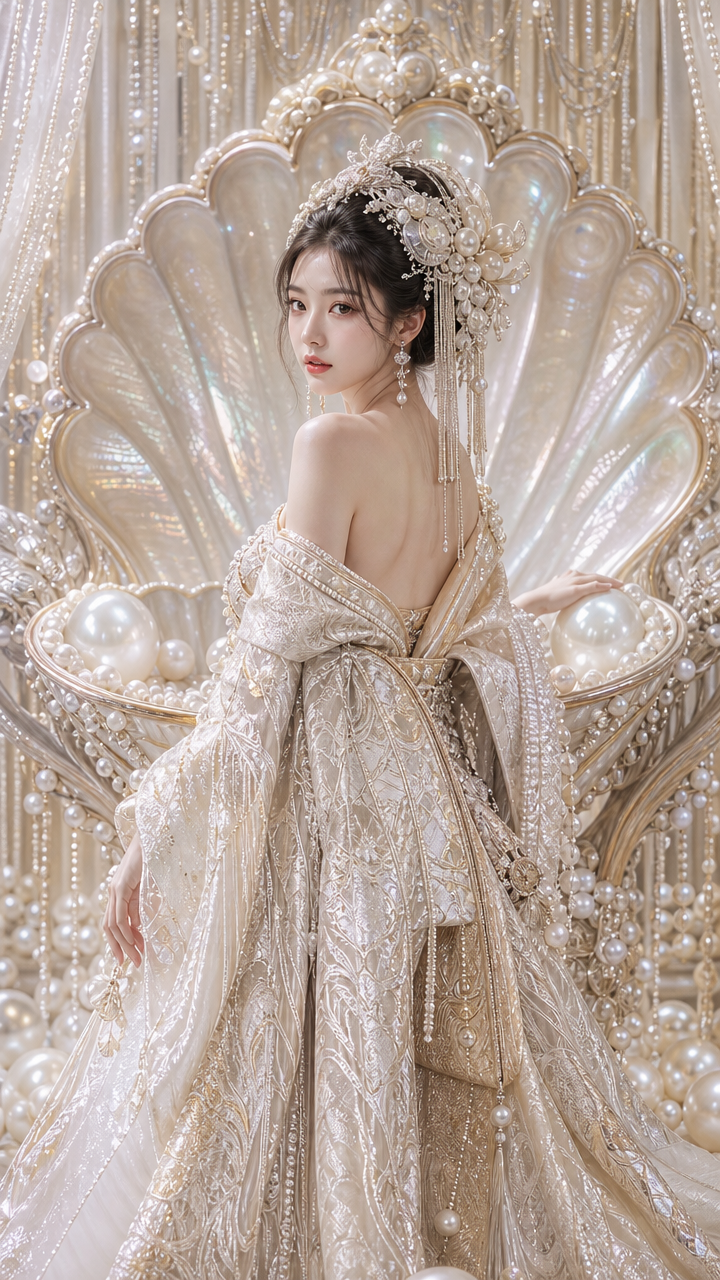 Elegant young woman in beaded pearl gown sits on an ornate iridescent shell throne, looking over her shoulder at the viewer.