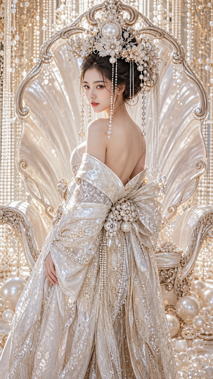 Graceful East Asian woman in pearl bridal headpiece and embroidered ivory gown sits on an ornate shell throne looking over...