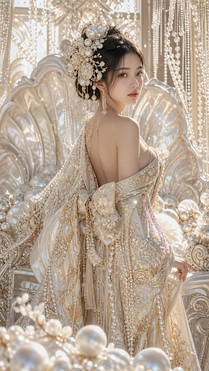 Elegant woman in beaded champagne gown with pearl headpiece poses on an ornate shell throne surrounded by luminous crystal...