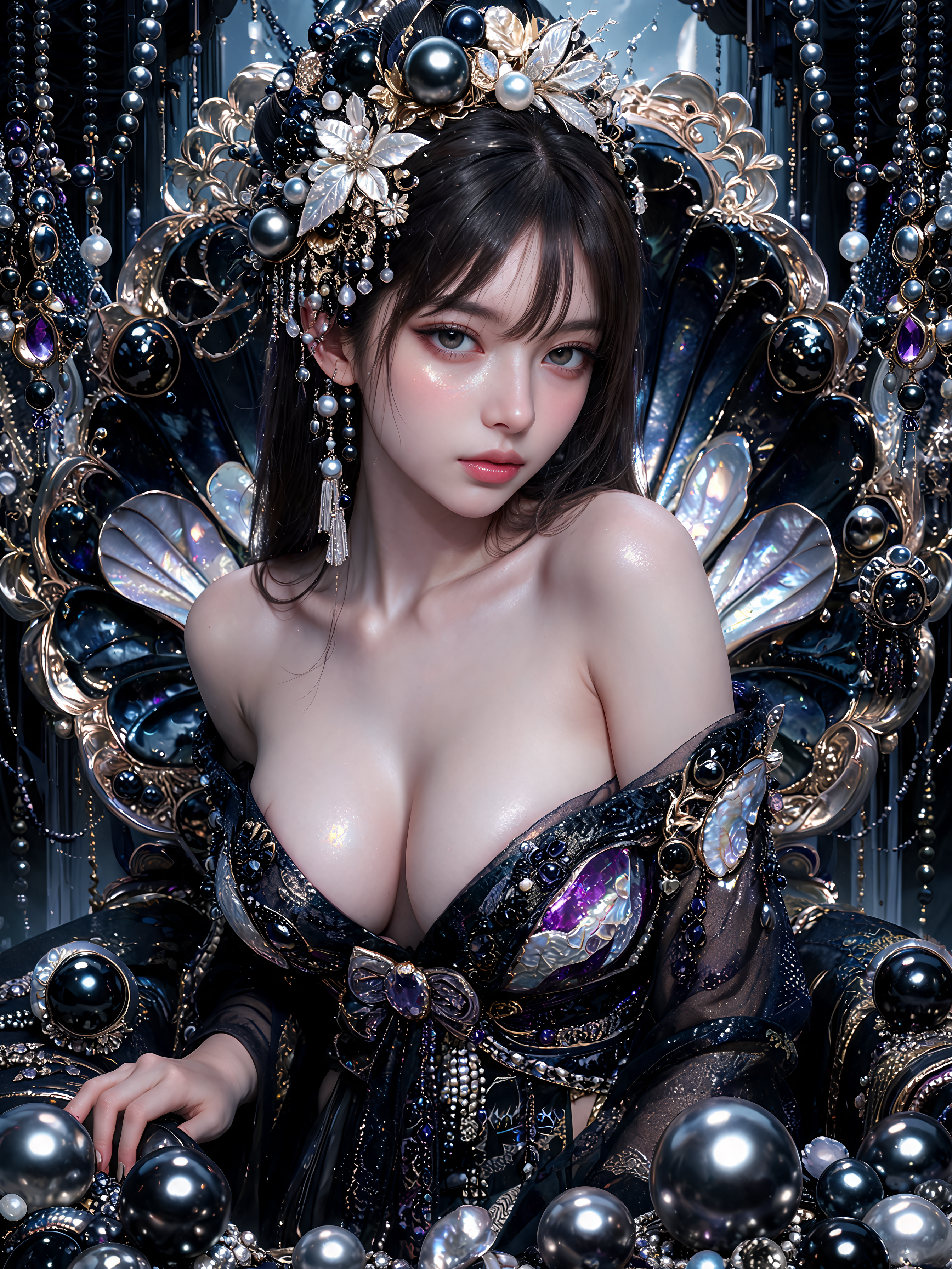 Hyperrealistic dark fantasy empress with pearl crown seated on an ornate jewel-encrusted shell throne.