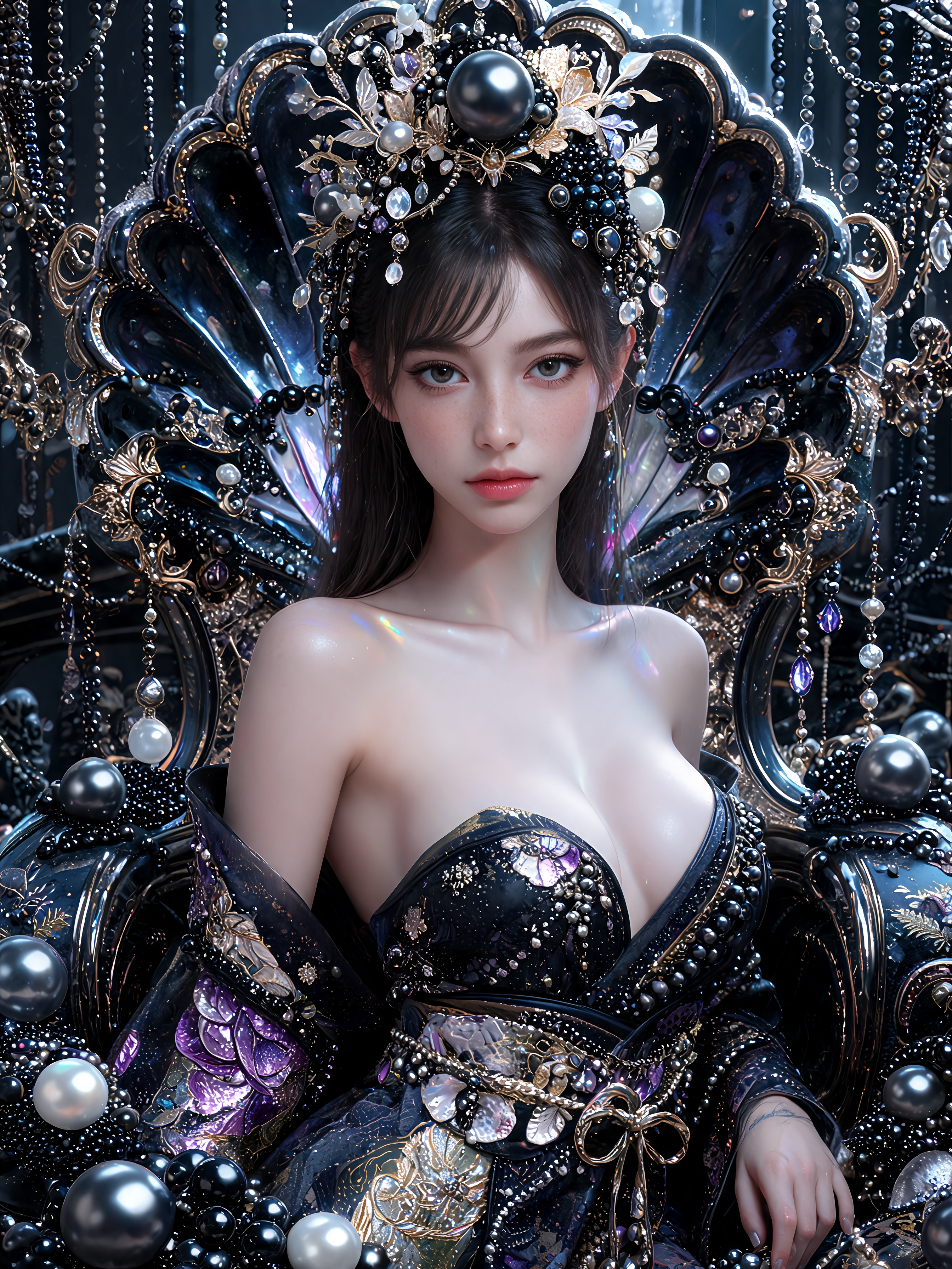 [Hyperrealistic fantasy dark empress seated on an ornate jewel-encrusted shell throne, wearing an elaborate pearl and gems...