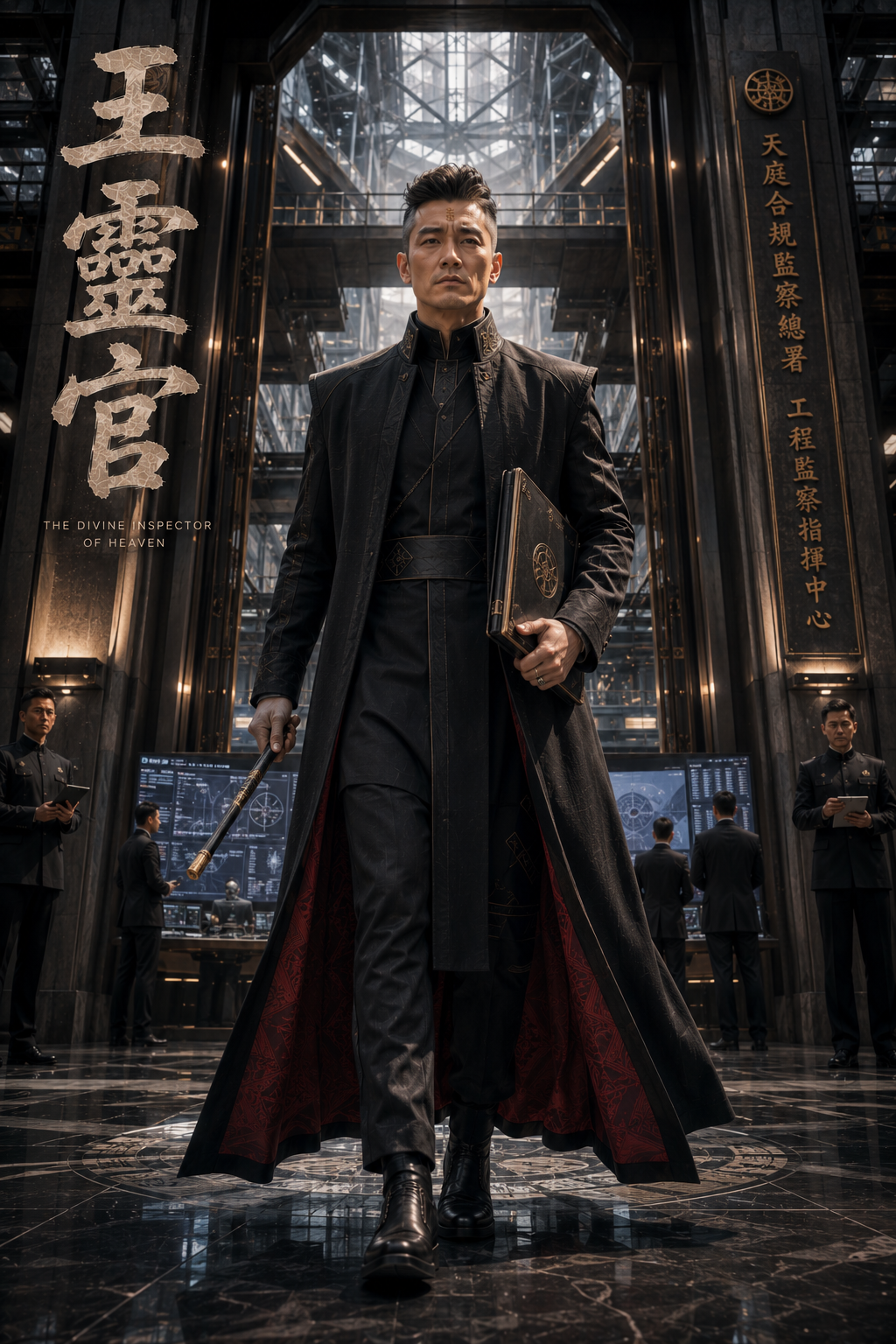 Stern East Asian fantasy official in a black lined overcoat walks confidently through a grand futuristic administrative co...