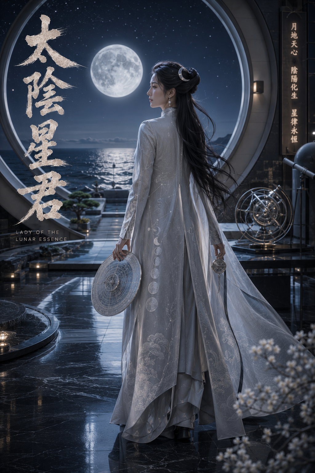 Graceful xianxia lunar figure in flowing silver hanfu stands on a terrace gazing at a glowing full moon over the night ocean