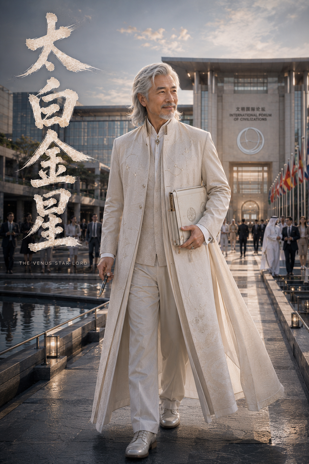 Distinguished silver-haired man in elegant cream formal wear walks on a stone plaza outside an international forum buildin...