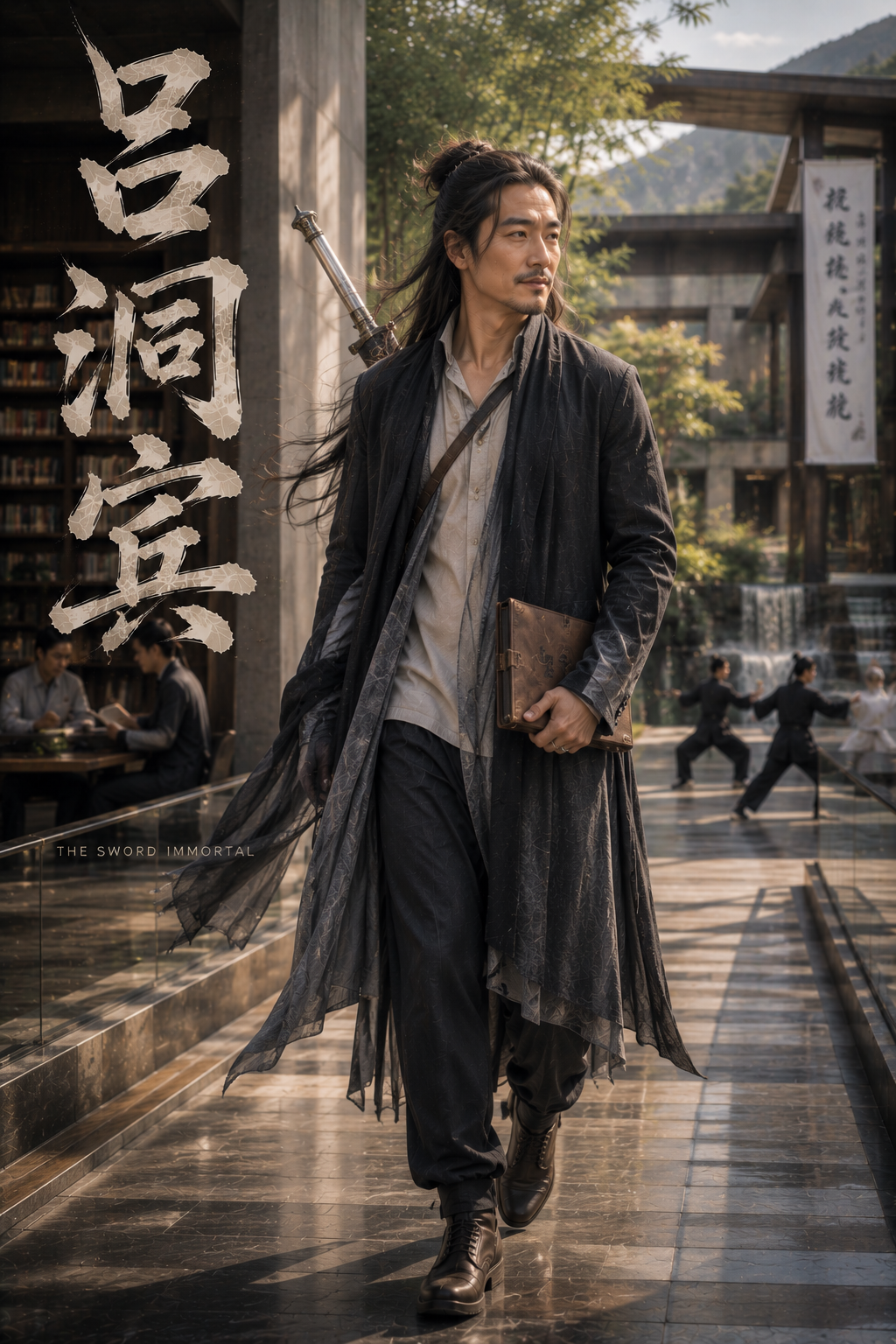 Cinematic portrait of Lu Dongbin the Sword Immortal walking with sheathed sword and book, mountain wuxia retreat background.