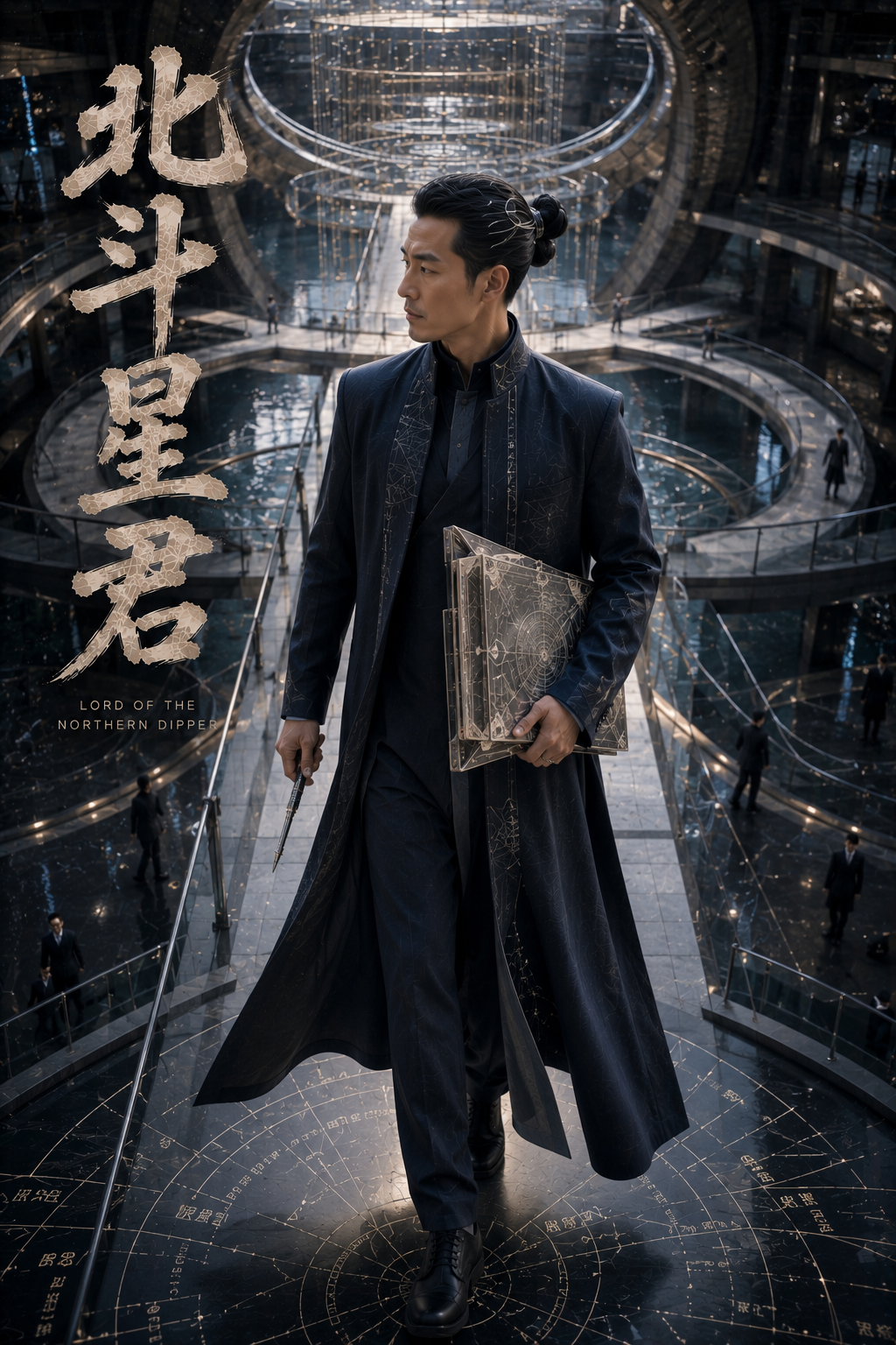 [Official Lord of the Northern Dipper poster, man in embroidered dark coat holding star chart book in grand futuristic obs...