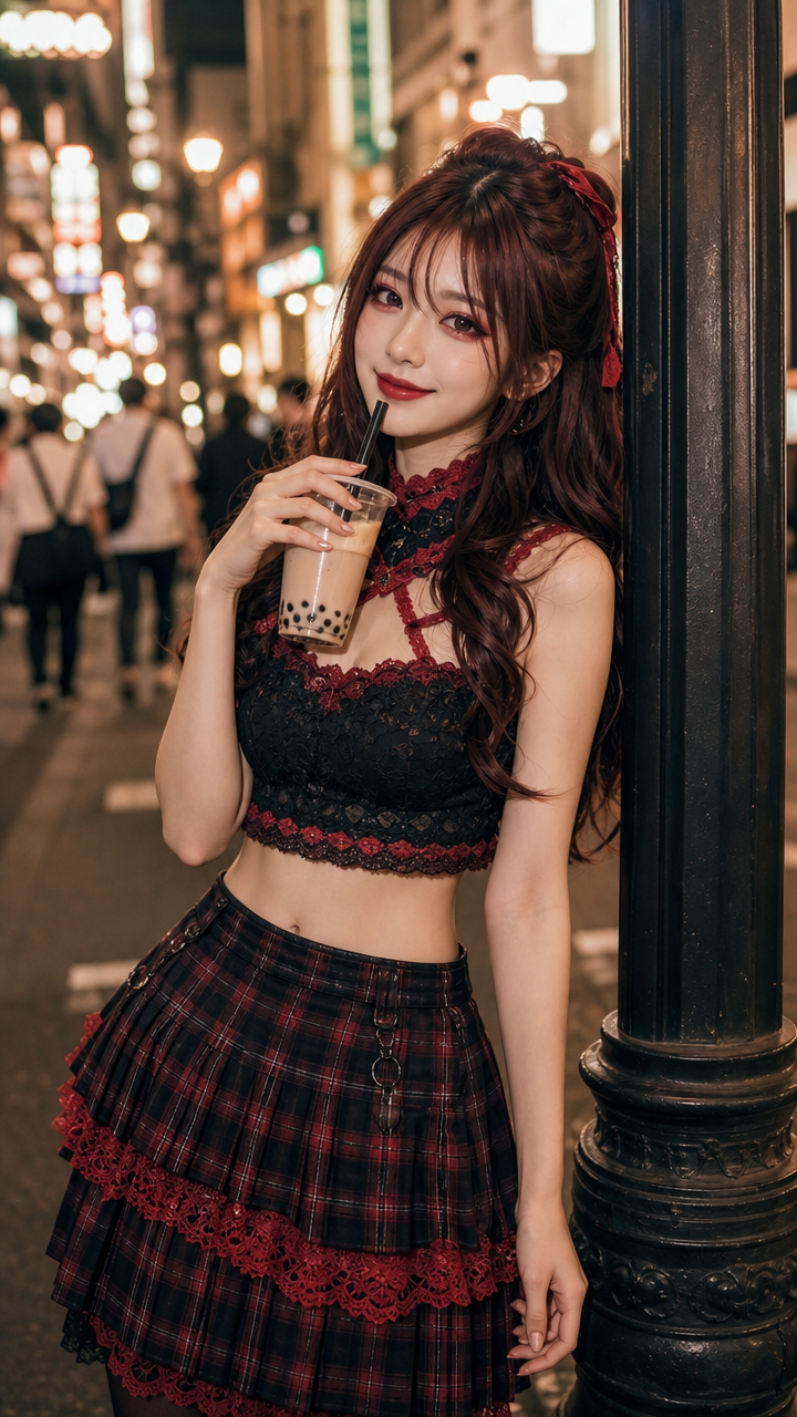 Young woman in red and black alt outfit holds bubble tea leaning on streetlamp on a lit night city street.
