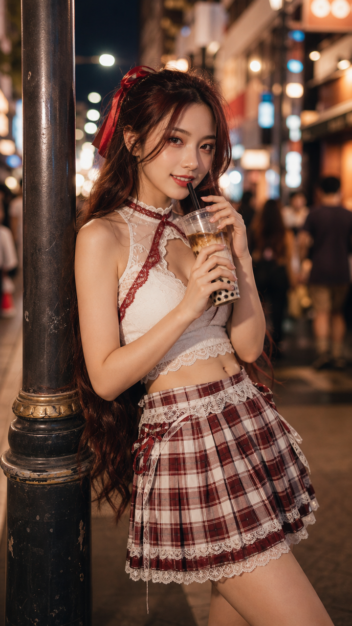 Young woman with a red hair ribbon holds bubble tea while leaning on a street lamp on a lit night city street.