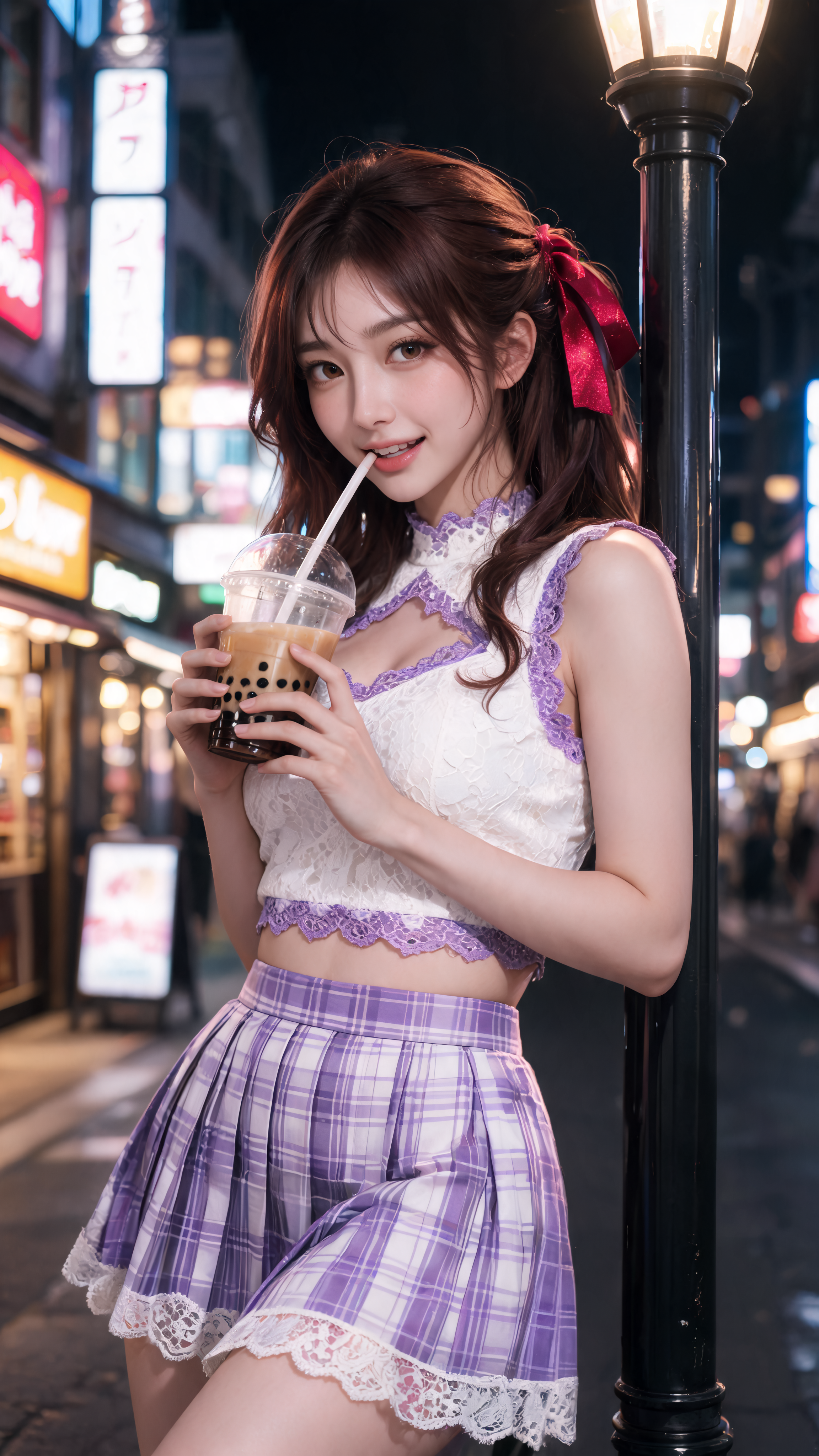 Young woman with red hair ribbon drinks bubble tea leaning on a street lamp in a neon-lit Japanese city at night