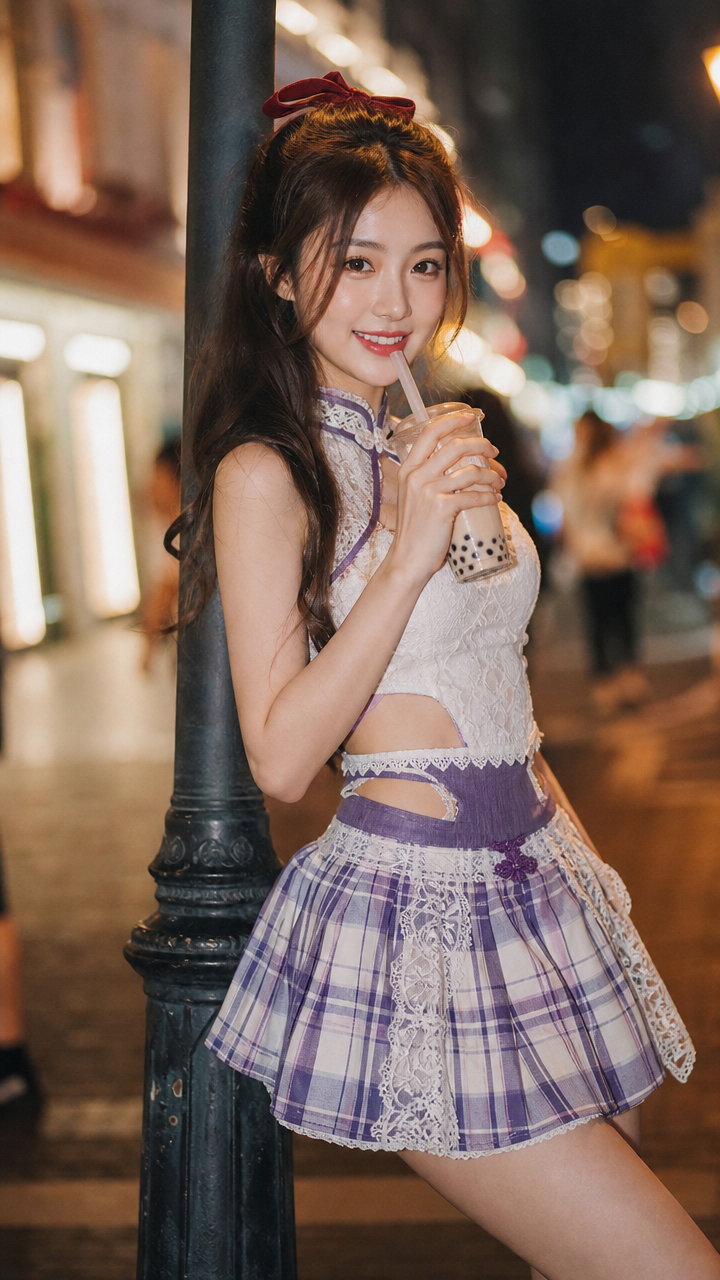 Smiling young woman with red hair bow holds bubble tea, leaning on a street post on a glowing night city street.