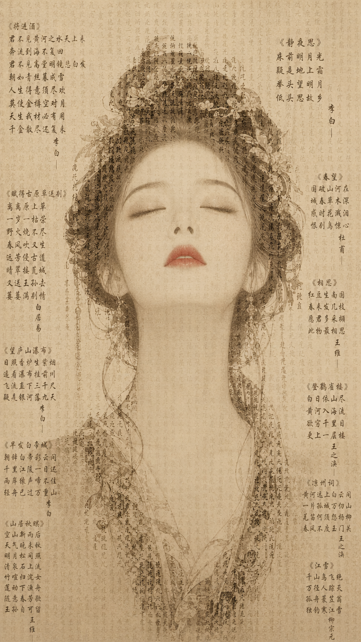 Sepia portrait of a serene closed-eye woman with ornate traditional hair, overlaid with classical Chinese poetry calligrap...